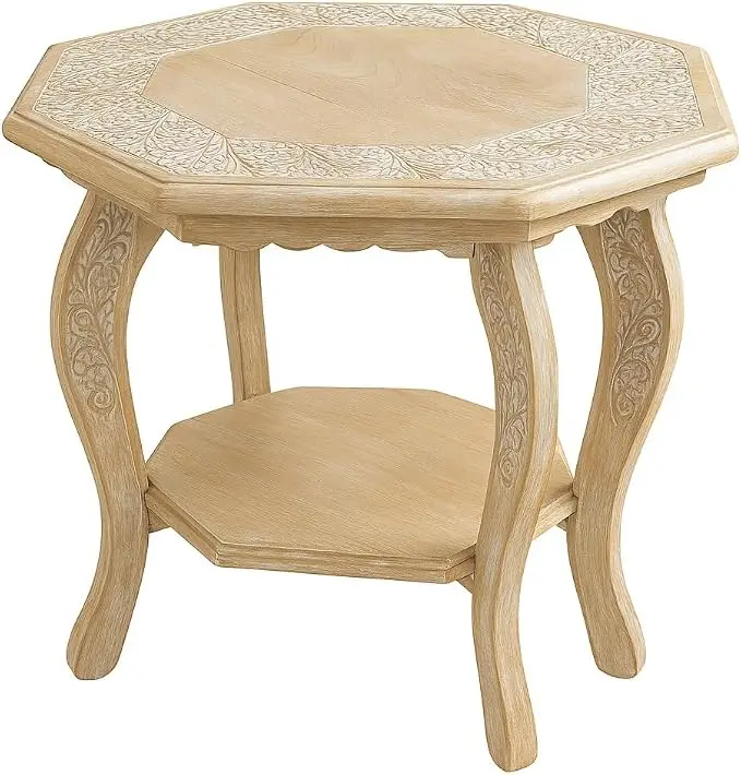 Hand Carved Wooden Octagon Coffee Table, Rustic Foldable Side Table Nightstand