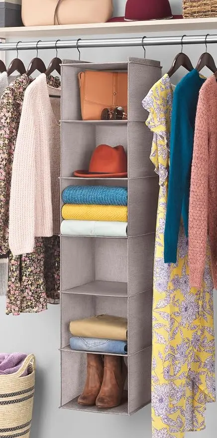 Hanging Accessory Shelves - 6 Section Closet Organizer - Light Grey