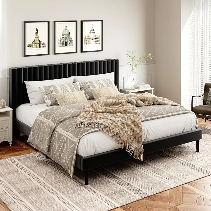 HAOARA King Size Bed Frame, King Size Platform Bed Frame and Velvet Upholstered