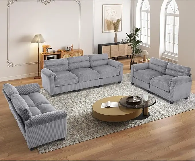 HAOMARKETS Corduroy Sofa Set, Two Upholstered Loveseat, and 3-Seater Couch