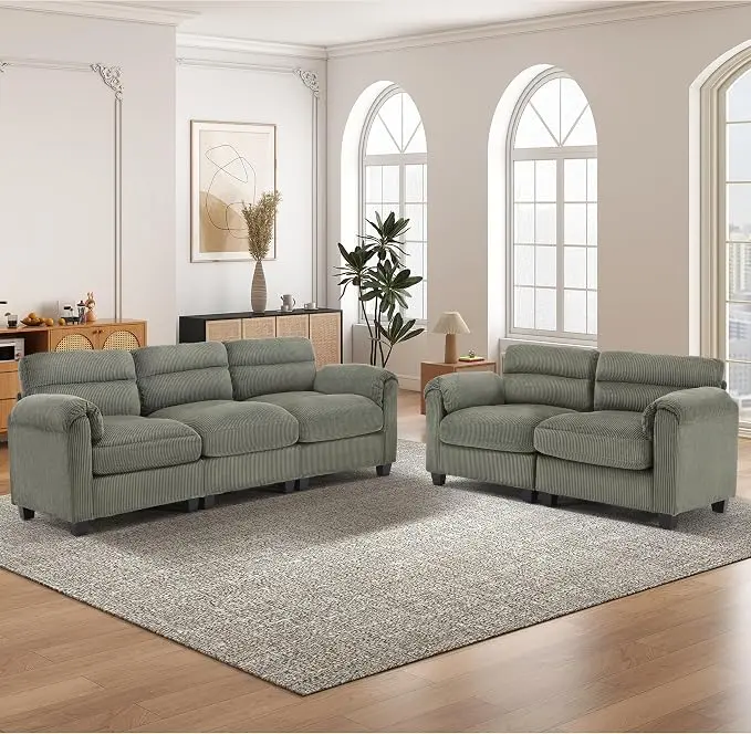 HAOMARKETS Corduroy Sofa Set, Upholstered Loveset and 3-Seater Couch