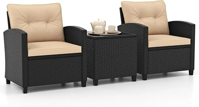 HAPPYGRILL 3 Pieces Wicker Patio Conversation Set, PE Rattan Bistro Sofa Set