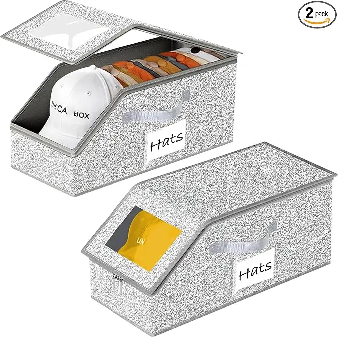 Hat Organizer for Baseball Caps 2PCS Stackable Storage with Clear Window Lid, Flip-Top Access, Space-Saving Hat Box for Closet, Breathable Fabric (Grey)