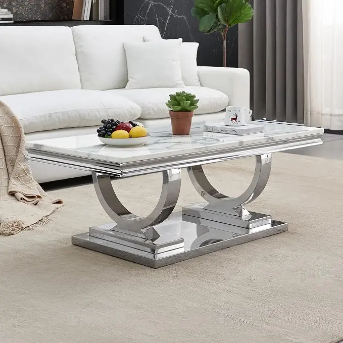 Henf 47" Marble Coffee Table Modern White Faux Marble Center Table