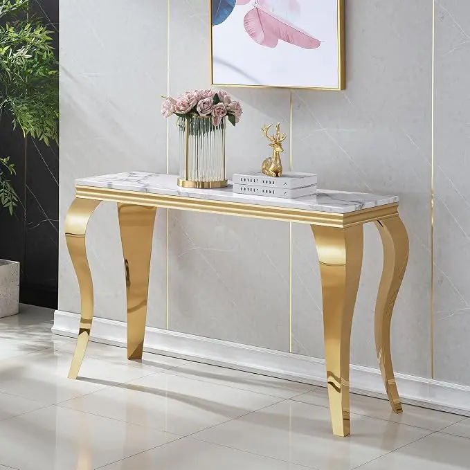 Henf 47" Marble Console Table Entryway Table Modern White Faux Marble Accent