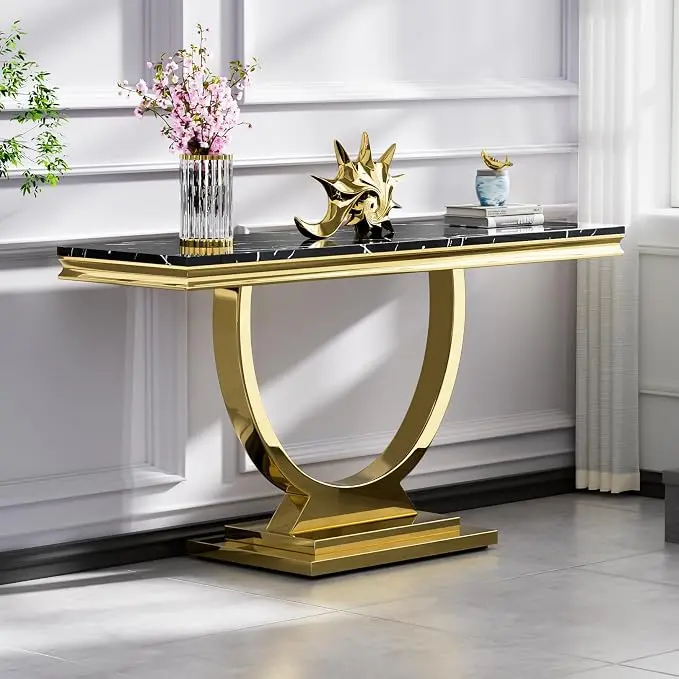 Henf 47" Marble Console Table Modern Black Faux Marble Entryway Table