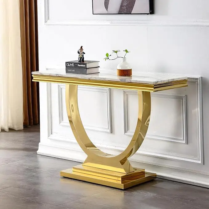 Henf 47" Marble Console Table Modern White Faux Marble Entryway Table