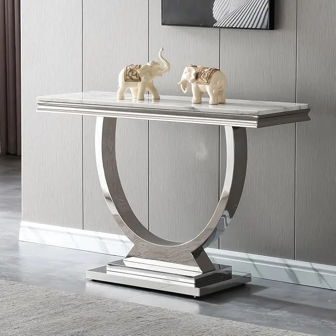 Henf 47" Marble Console Table Modern White Faux Marble Entryway Table