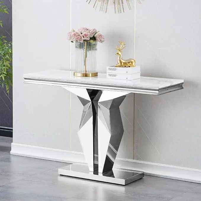 Henf 47" Marble Console Table Modern White Faux Marble Entryway Table