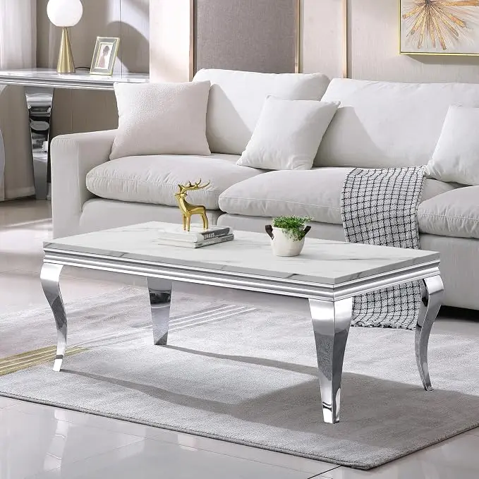 Henf 47" Modern White Faux Marble Coffee Table