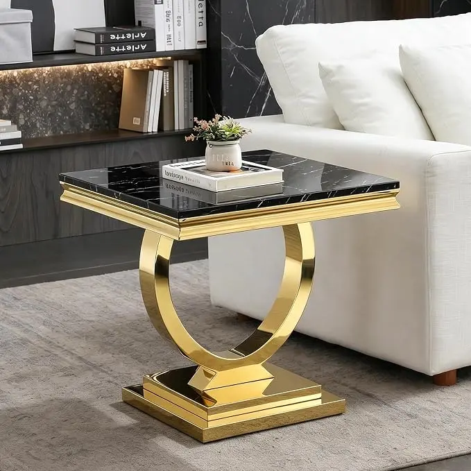 Henf Marble End Table Modern Black Faux Marble Sofa Side Table
