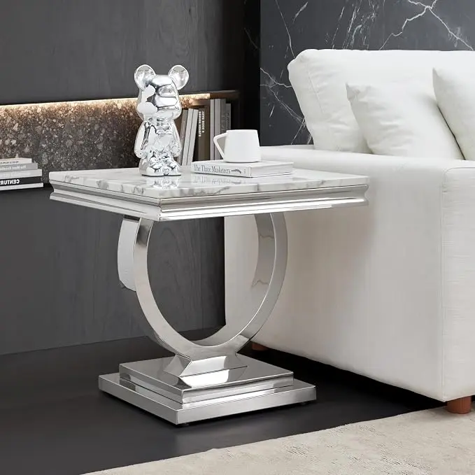 Henf Marble End Table Modern White Faux Marble Sofa Side Table