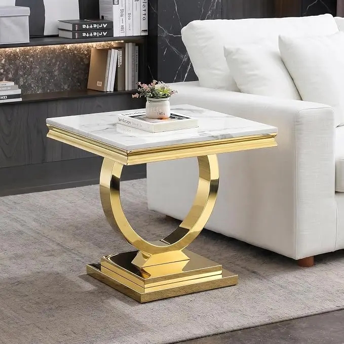 Henf Marble End Table Modern White Faux Marble Sofa Side Table
