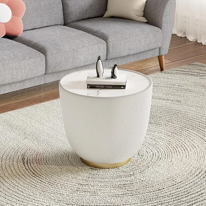 Henf Marble Round Side Table, 19.7" Fluted End Table