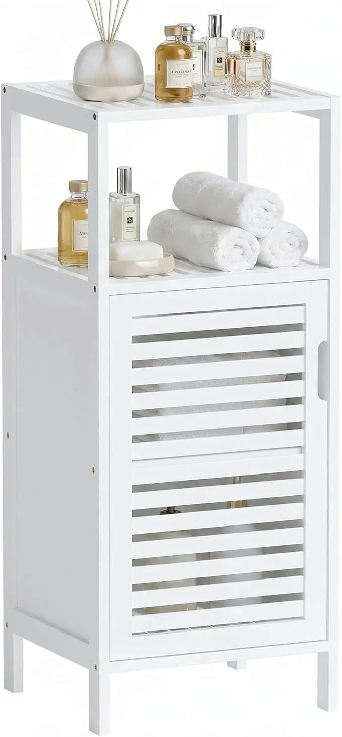 HITNET Bamboo Bathroom Storage Cabinet, 4 Tier Small White Floor Cabinet