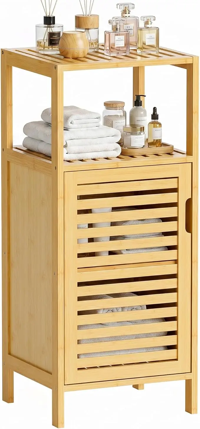 HITNET Bathroom Cabinet Freestanding, Small Bamboo Floor Cabinet, 4 Tier Single