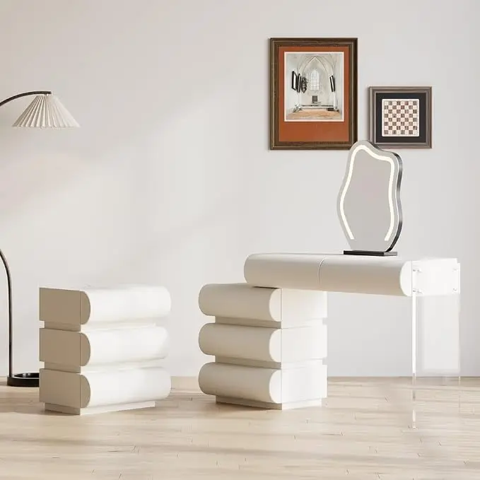 homary White 2-Piece Makeup Vanity & Smart Nightstand Set, Modern Vanity Table