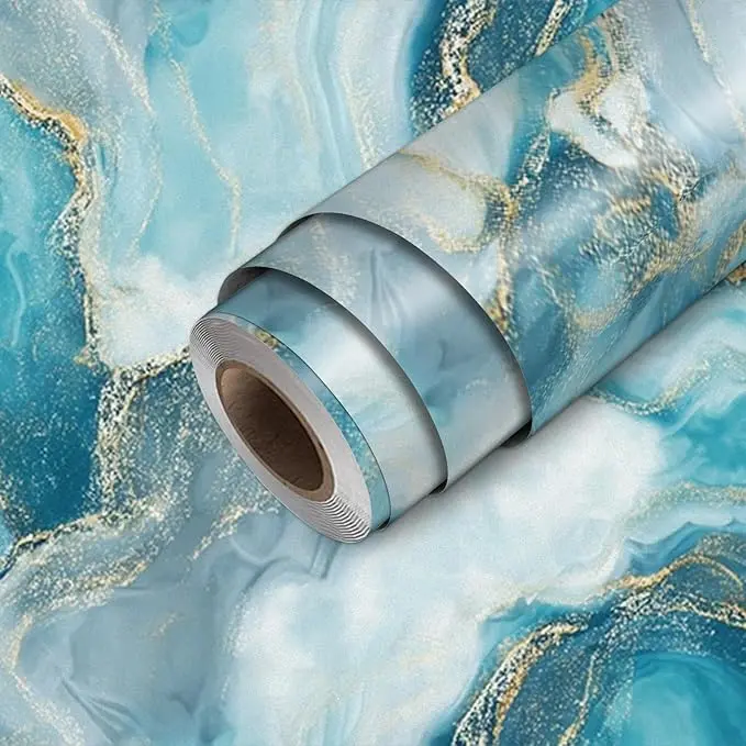 HOMETITUTE Teal Agate Marble Wallpaper Peel and Stick Blue Stone Pattern