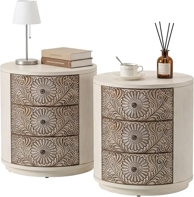 HOMPUS Round End Table Set 2, Fully Assembled Nightstand w 3 Storage Drawers