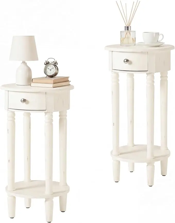 HOMPUS Round End Table with Drawer Set of 2, Rustic Framhouse Nightstand Set 2