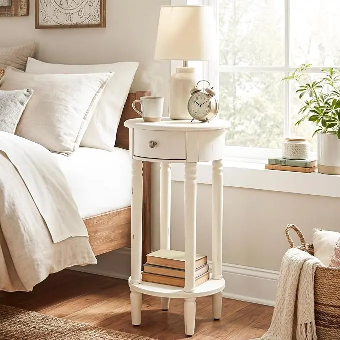 HOMPUS Round End Table with Drawer, Tall end Table with Open Shelf, Farmhouse