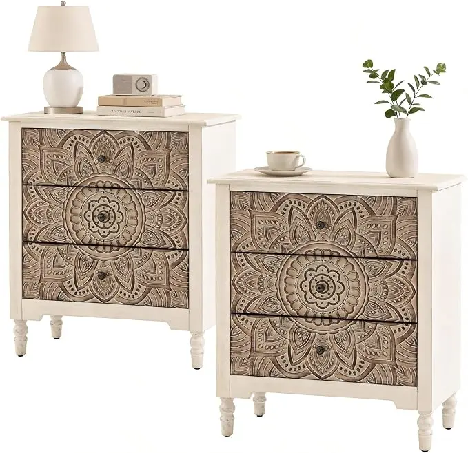 HOMPUS White 3 Drawer Dresser Set 2, Bedside Table Set of 2
