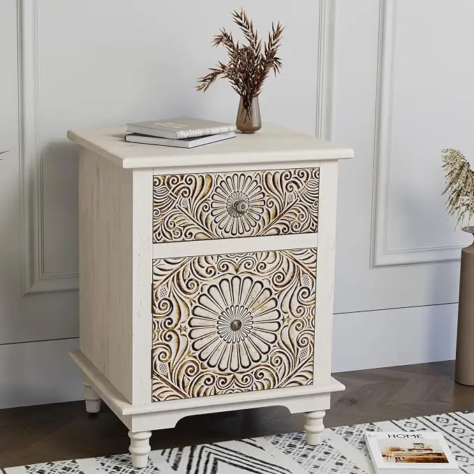 HOMPUS White Nightstand with Drawer & Storage, Fully-Assembled Flower Motif