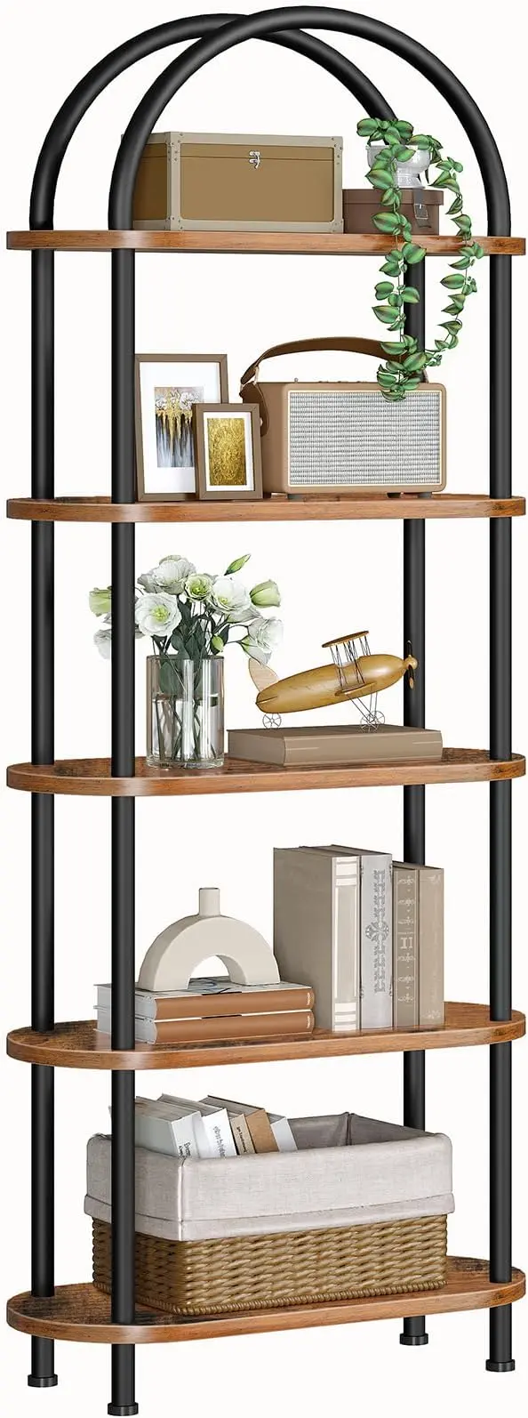HOOBRO 5 Tier Open Bookshelf, Industrial Arched Bookcase Display Shelf Rack