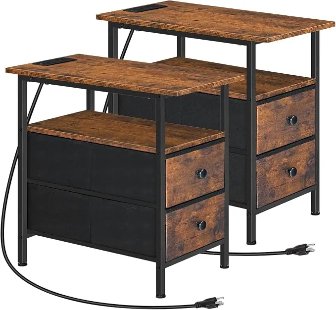HOOBRO End Table with Charging Station, Nightstand with 2 Non-Woven Drawers