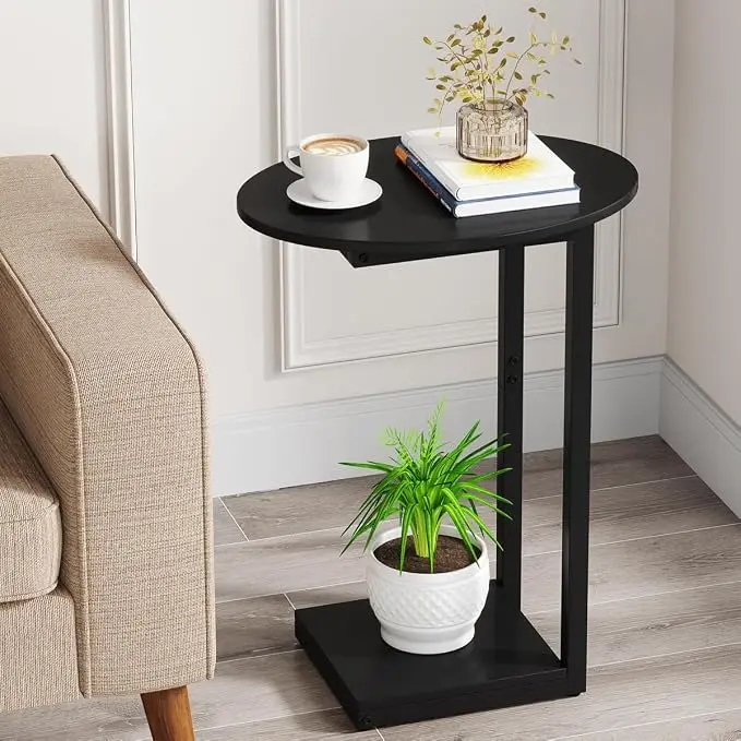 Hosfais Small Side Table End Table, C-Shaped Wood Coffee Table TV Tray