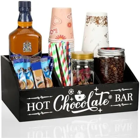 Hot Cocoa Bar Wood Organizer 4 Compartment Coffee Station,Black