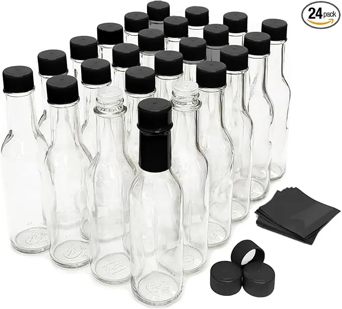 Hot Sauce Bottles with Black Caps & Shrink Bands, 5 Oz - 24 Pack