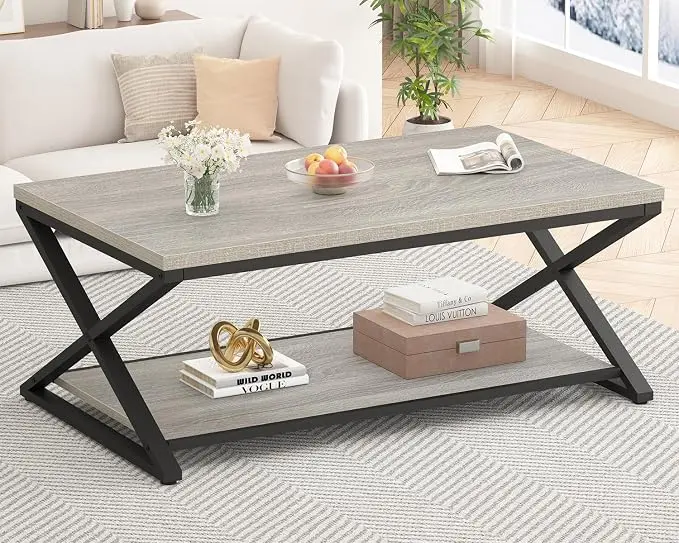 HSH Coffee Table with Storage, Farmhouse Grey Living Room Center Table