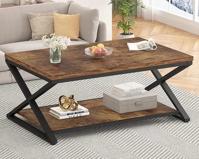 HSH Wood Coffee Table with Storage, Farmhouse Rustic Brown Coffee Table