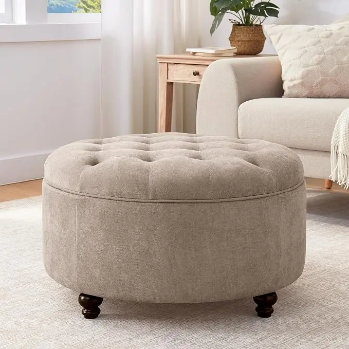 HUIMO 30-Inch Round Storage Ottoman, Modern Button Tufted Coffee Table