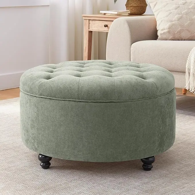 HUIMO 30-Inch Round Storage Ottoman, Modern Button Tufted Coffee Table
