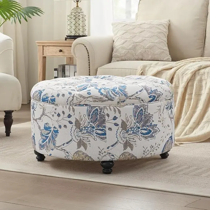 HUIMO 30-Inch Round Storage Ottoman, Modern Button Tufted Coffee Table