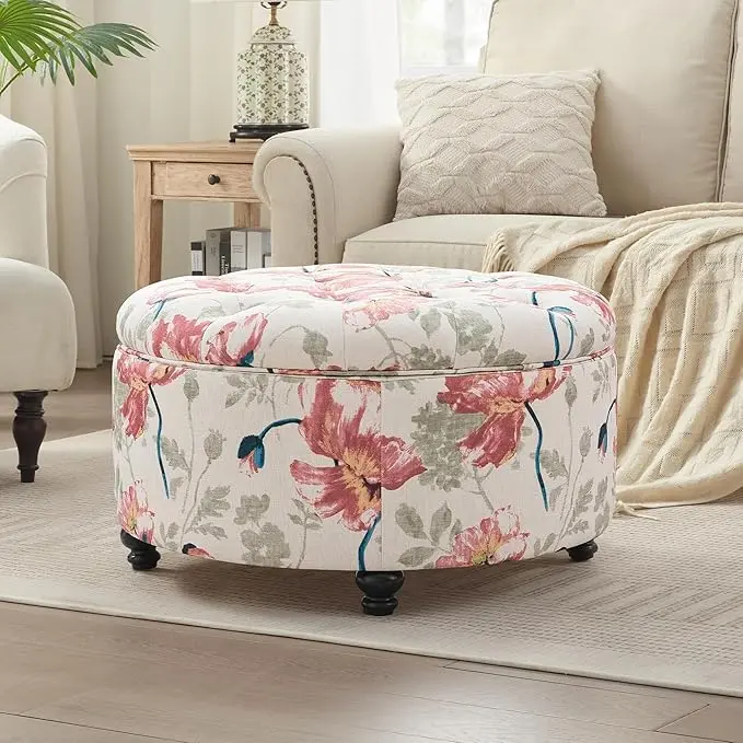 HUIMO 30-Inch Round Storage Ottoman, Modern Button Tufted Ottoman Coffee Table
