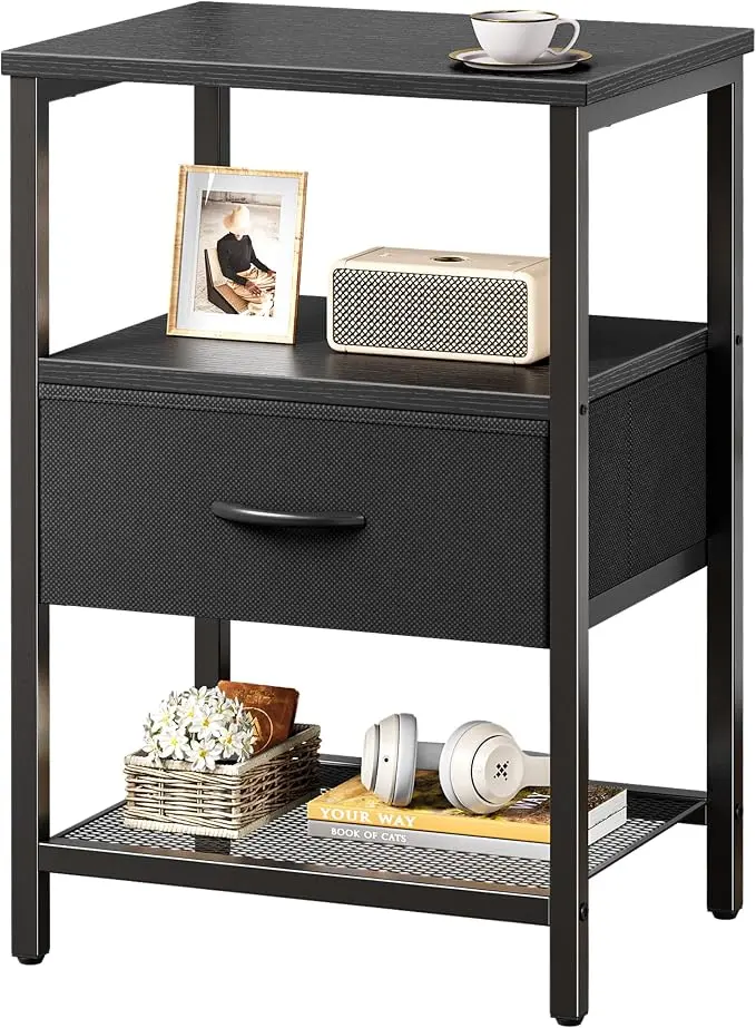 Huuger Night Stand with Fabric Drawer, Side Table with Mesh Shelf, Bedroom