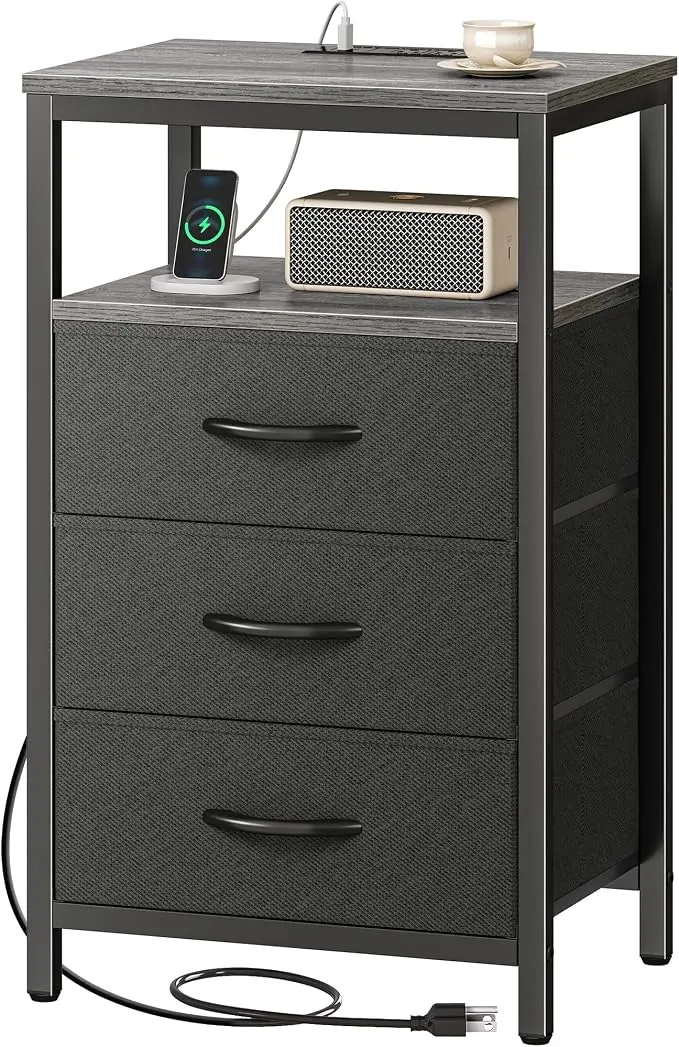 Huuger Nightstand with Charging Station, 27.6 Inch End Table Bedside Table with