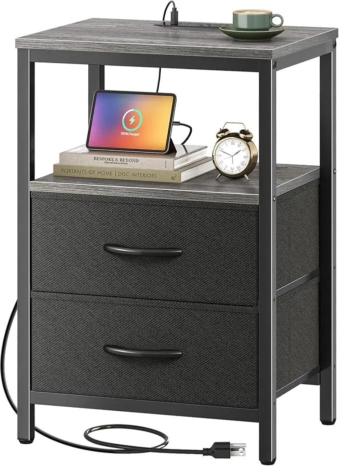 Huuger Nightstand with Charging Station, Side Table with Fabric Drawers