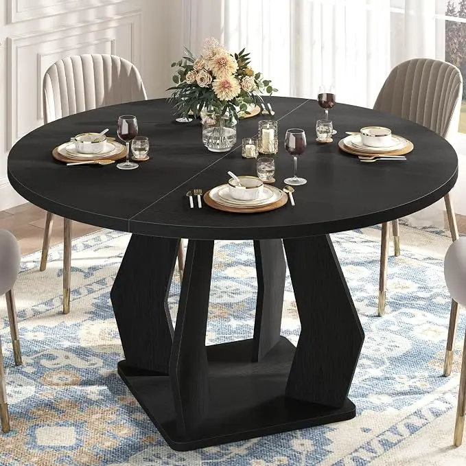 IBF Black Round Dining Table for 4-6, 47 Inch Kitchen Table