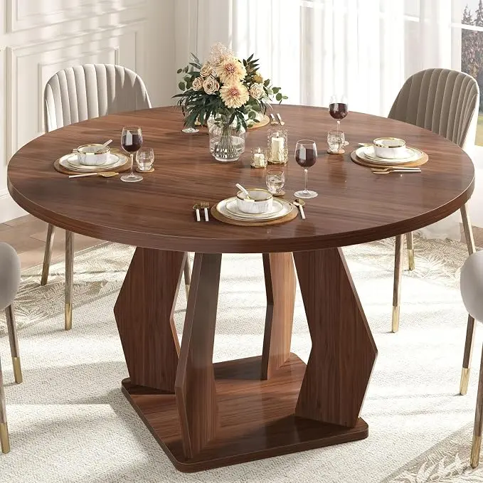 IBF Walnut Round Dining Table, Modern Wood Dinner Tables, Round Kitchen Table