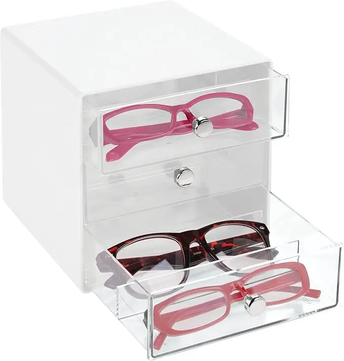 iDesign Divided 3-Drawer Stackable Organizer for Glasses, Sunglasses, and Readers - White/Clear