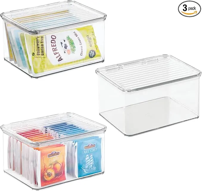 iDesign Plastic Stackable Hinged-Lid Pantry or Kitchen Storage Box - Set of 3 - Clear