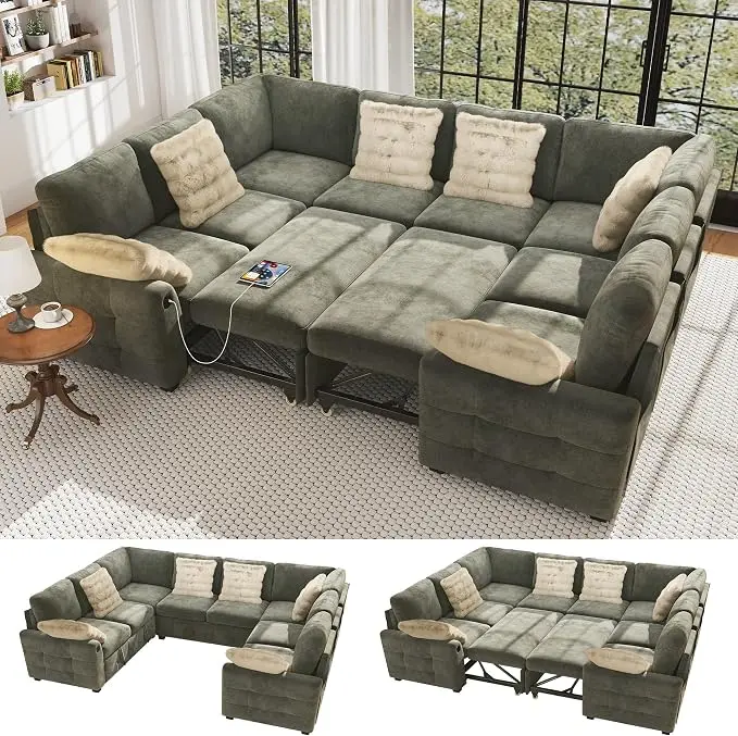 Ihanherry Large U-Shaped Sectional Sofa Bed, 8-Seater Convertible Sleeper