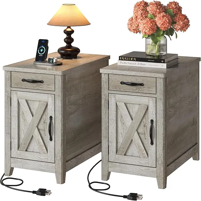 IRONCK End Table with Charging Station, Narrow Side Table