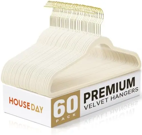 Ivory Velvet Hangers 60 Pack with Gold Hooks, Non-Slip, No Marks