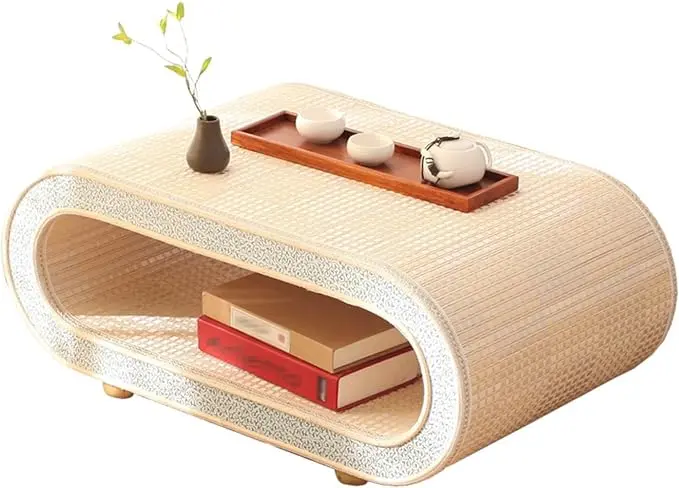 Japanese Floor Table, Curved Wooden Woven Tatami Table, Double Layer Storage