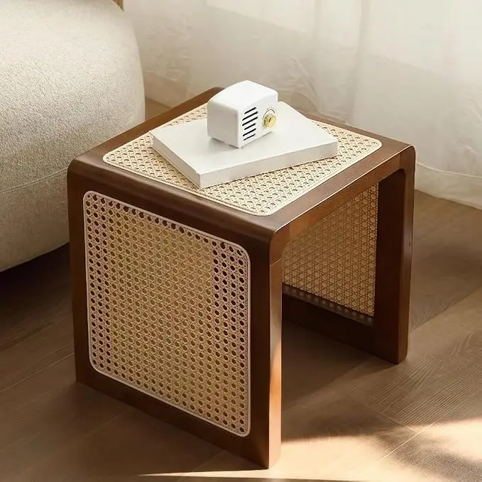 Japanese Style Wood Rattan Stool Side Table Multi-Functional Shoe Bench Night